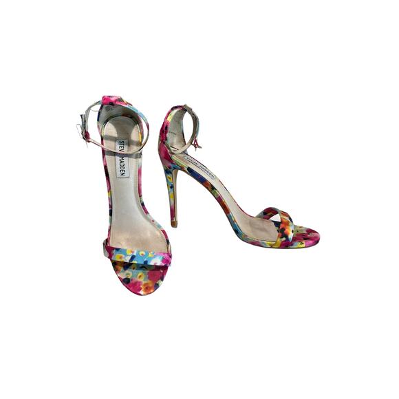 Steve Madden Stecy Floral Satin/Leather Strappy Heels Women's 8M 3.5" Tropical - Picture 1 of 8